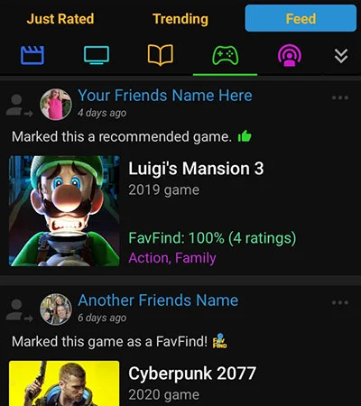 FavFind Friend Video Game Feed