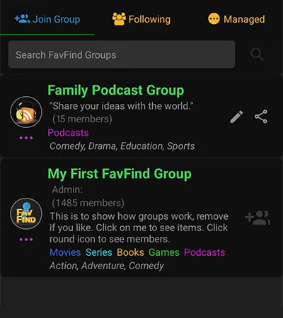 FavFind Podcast Group Example