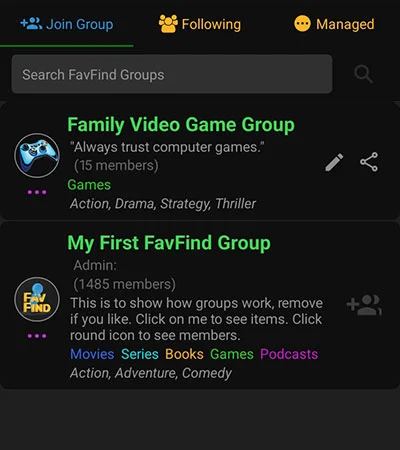 FavFind Game Group Example