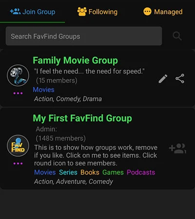 FavFind Movie Group Example