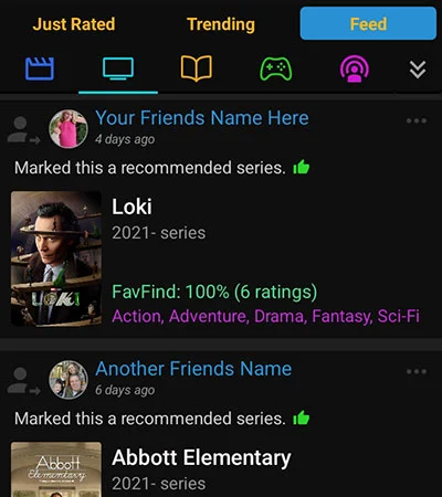 FavFind Friend TV Series Feed
